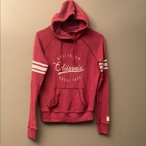 Hollister Red Hoodie Sweater with White Stripes and Embroidered Front Design